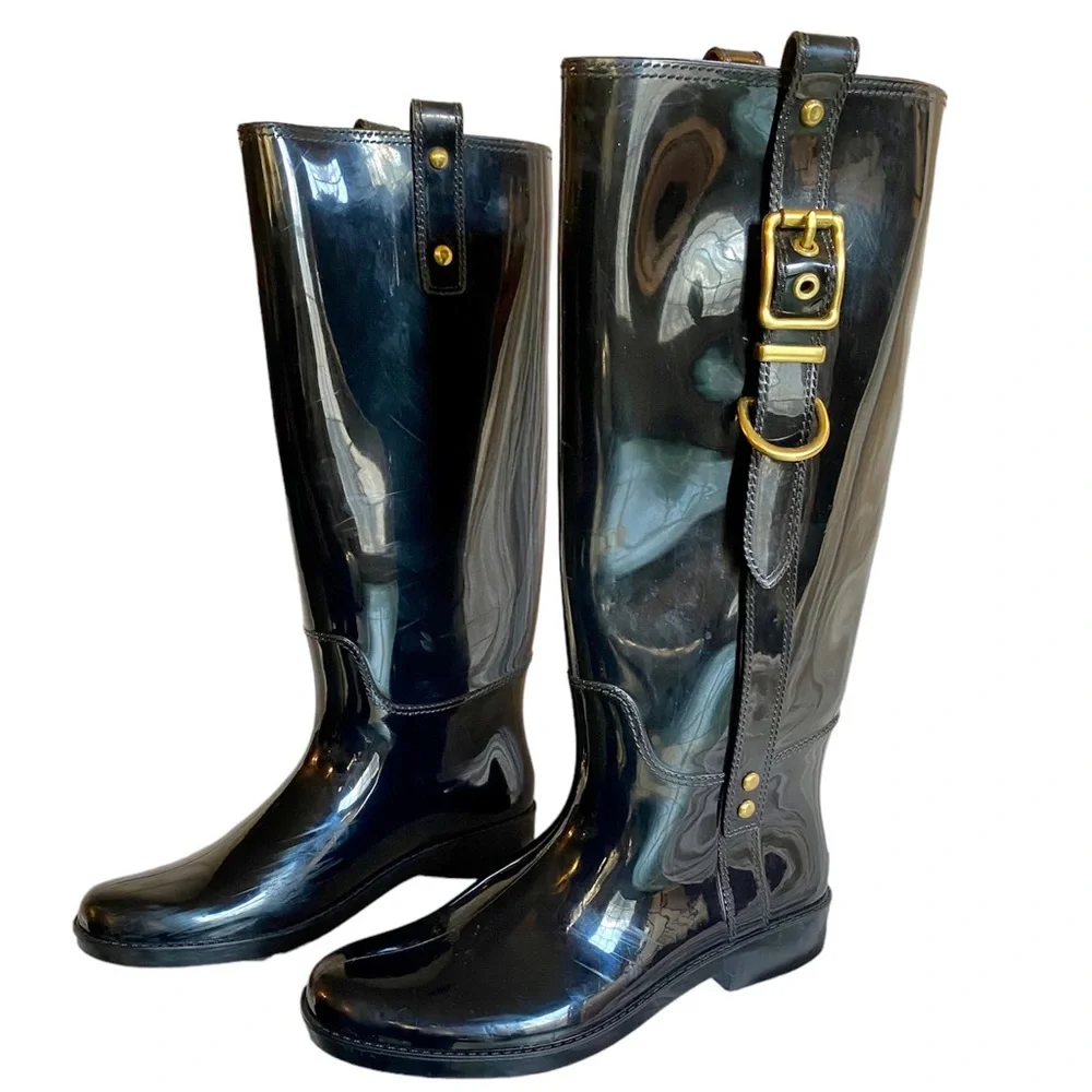 Coach Black Rubber Boots Gold Buckle Knee High 9 Concert classic‎ statment